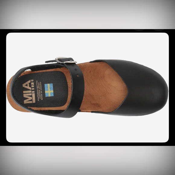 MIA Sofia Swedish black leather boho wooden sole buckle clog. Sz USA 10/Euro 40 - Picture 5 of 13